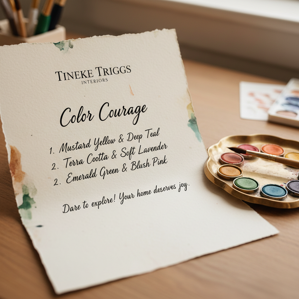 Handwritten Color Courage note with Tineke Triggs Interiors branding and watercolor pans