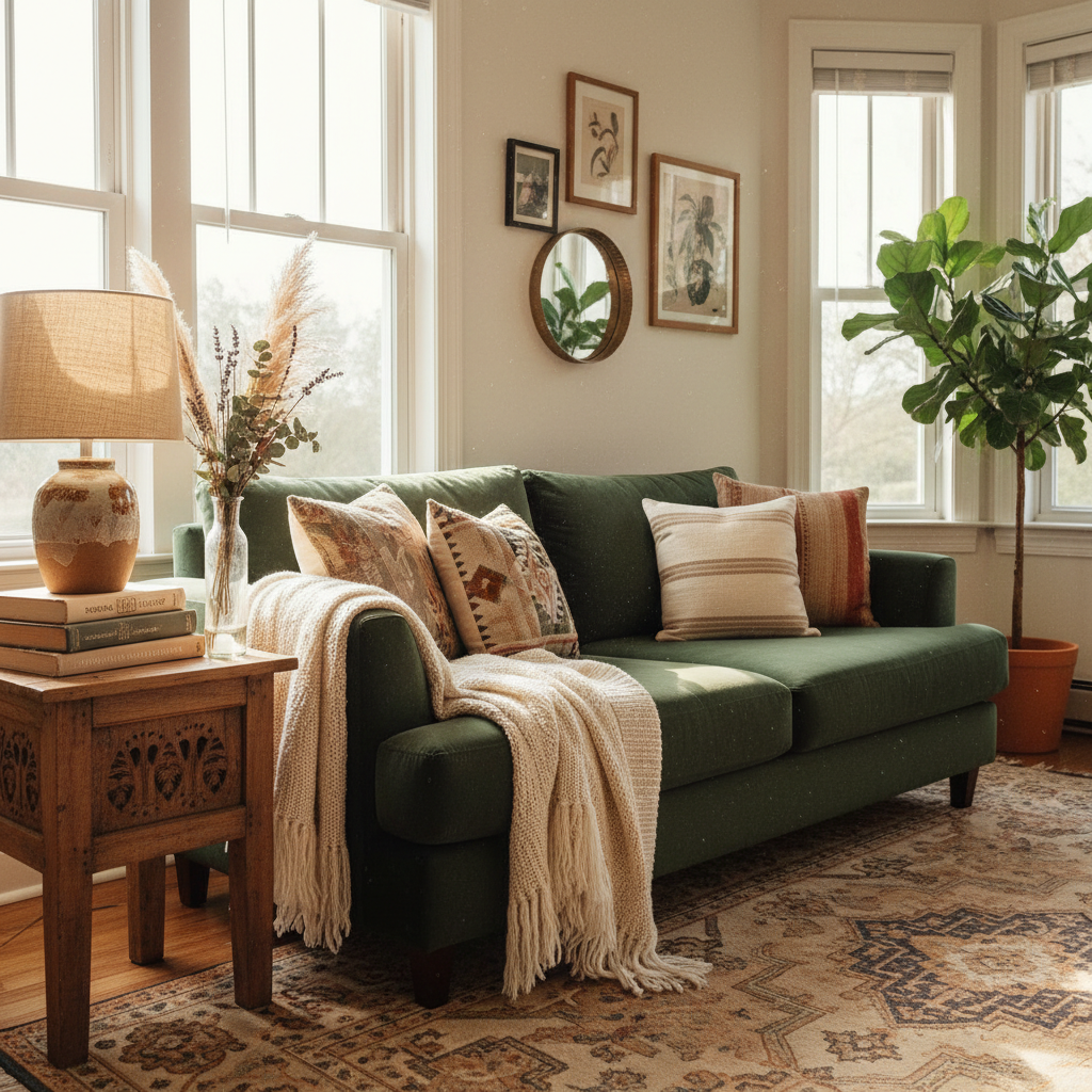 Beautifully transformed living room corner with emerald velvet sofa, warm afternoon light, and soulful personal touches