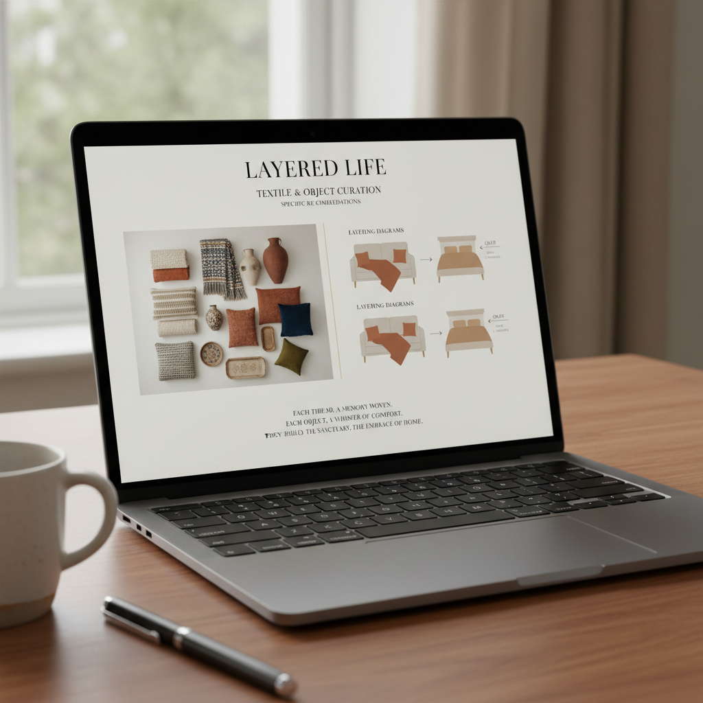 The Layered Life presentation open on a laptop showing textile curation and layering diagrams