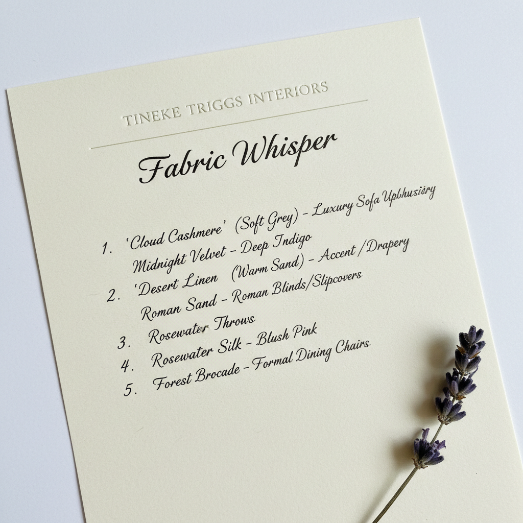 Fabric Whisper note on thick paper with Tineke Triggs Interiors letterhead and dried lavender sprig