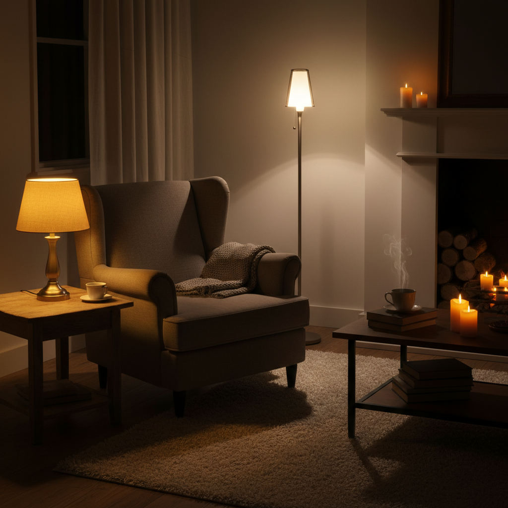 Cozy evening living room with layered table lamp, floor lamp, and candlelight creating warm pools of light