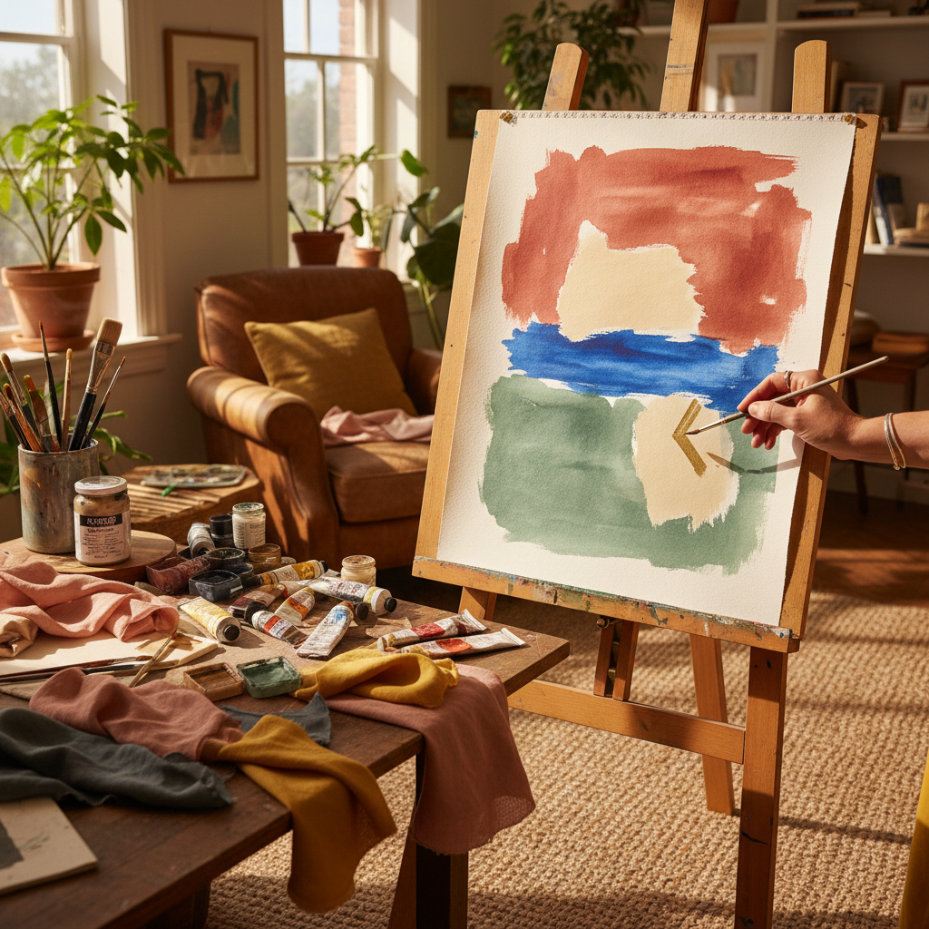 Sunlit studio corner with watercolor paper in terracotta, sage, ivory, and cobalt blue