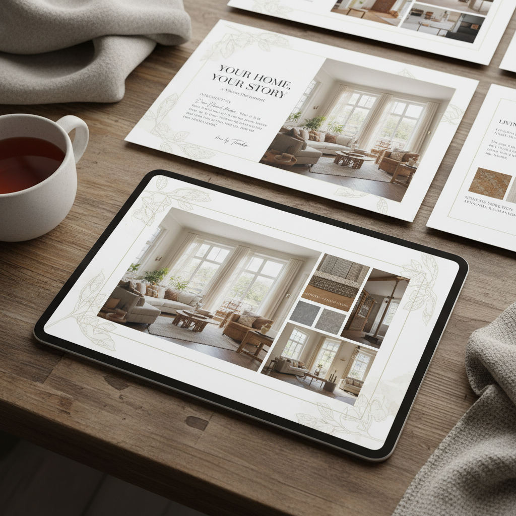 Your Home, Your Story multi-page digital presentation with room narratives, palettes, and poetic introduction by Tineke