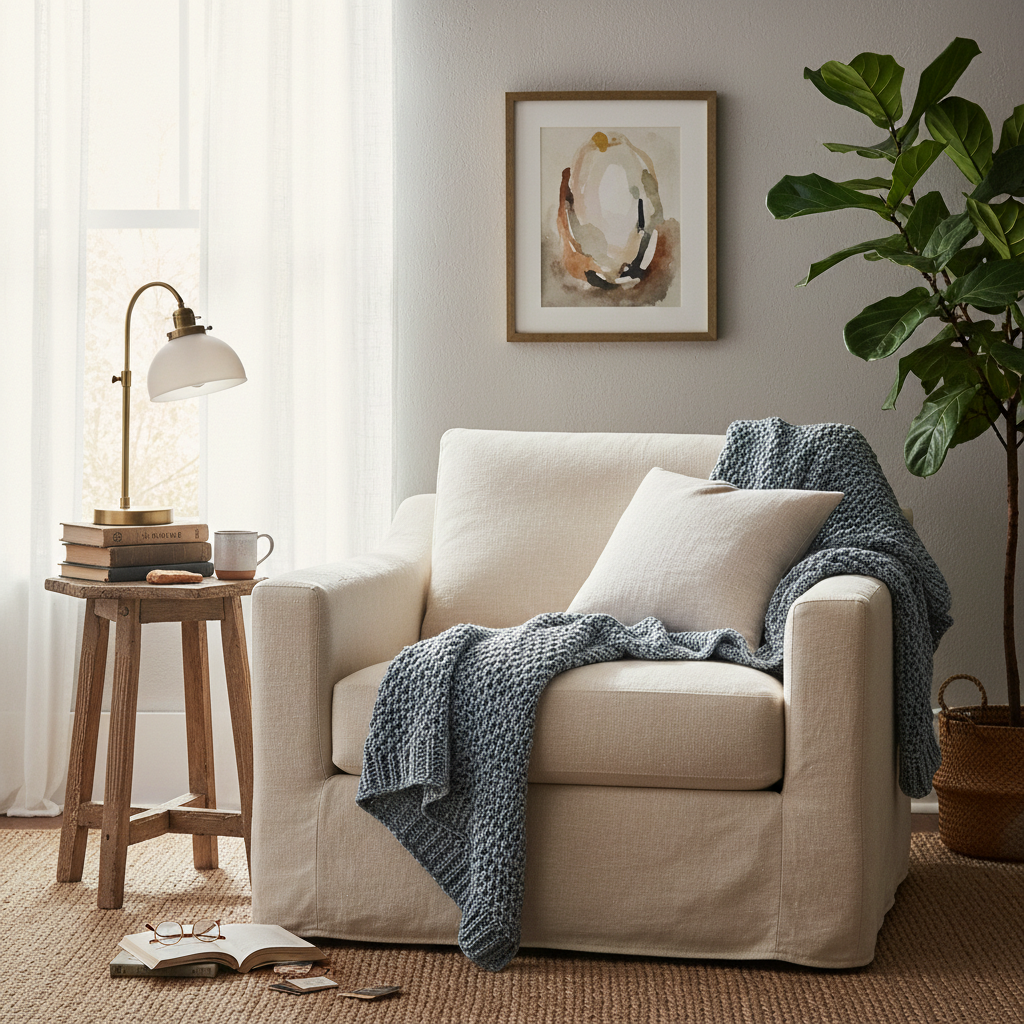 Quiet reading corner with comfortable chair, throw, side table with lamp and books, art on wall, and small plant