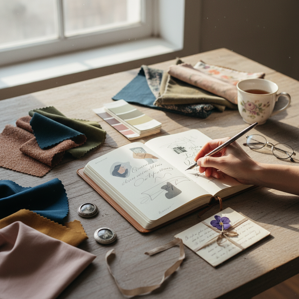 Design studio table with journal, fabric swatches, paint chips, and personal objects