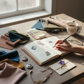 Design studio table with journal, fabric swatches, paint chips, and personal objects