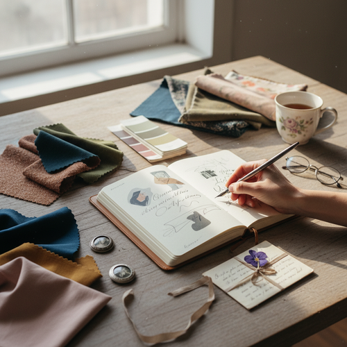 Design studio table with journal, fabric swatches, paint chips, and personal objects