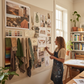 Elegant project board in Tineke's studio with mood boards, color palettes, fabric swatches, and furniture selections