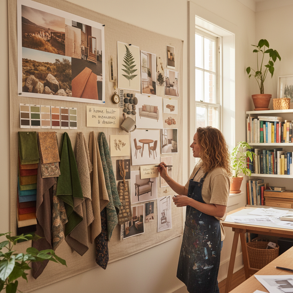 Elegant project board in Tineke's studio with mood boards, color palettes, fabric swatches, and furniture selections