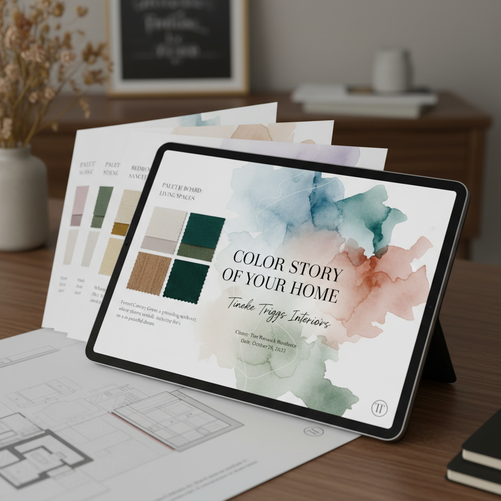Color Story of Your Home multi-page digital presentation with palette boards and poetic color descriptions