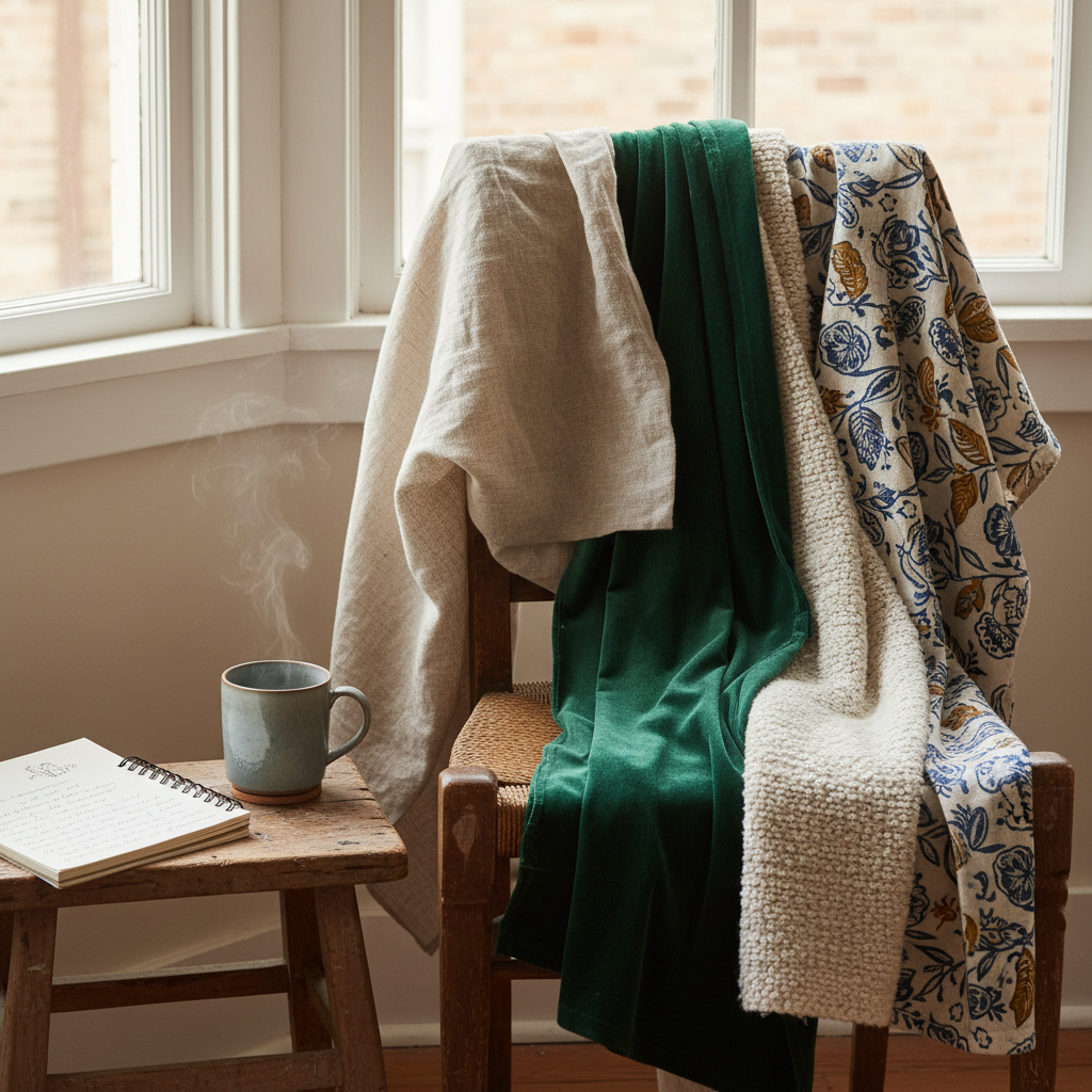 Sunlit studio corner with linen, velvet, boucle, and hand-printed fabric swatches draped over a wooden chair
