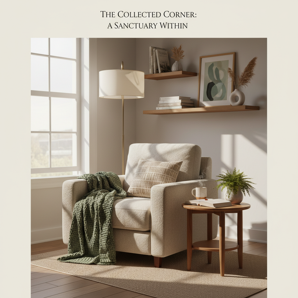 Collected Corner multi-page digital plan with furniture, lighting, textile recommendations, floor plan, and poetic vision