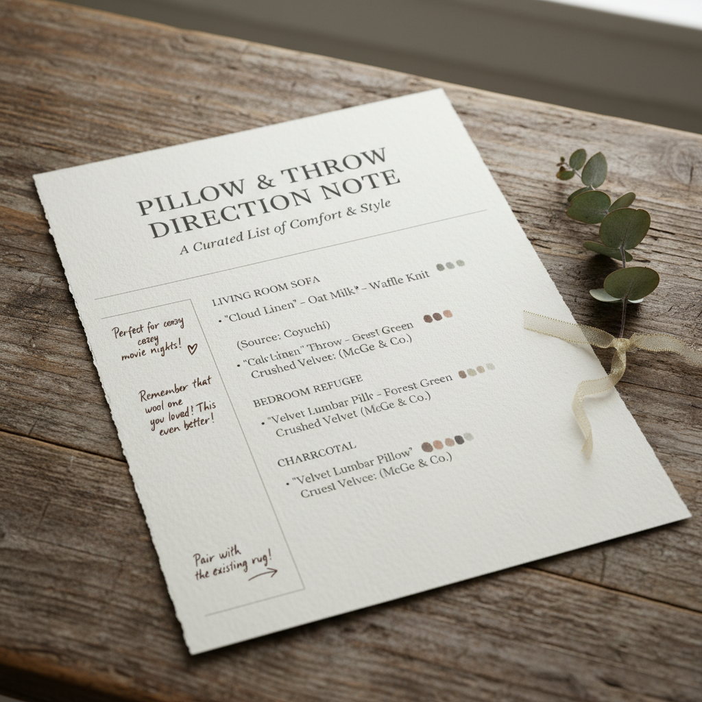 Pillow and Throw Direction Note printed on beautiful paper with handwritten margin notes