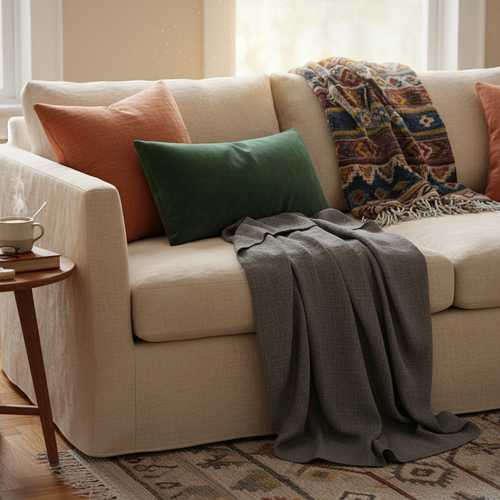 Linen sofa styled with artful mix of velvet, linen, and handwoven pillows and throws in rich colors