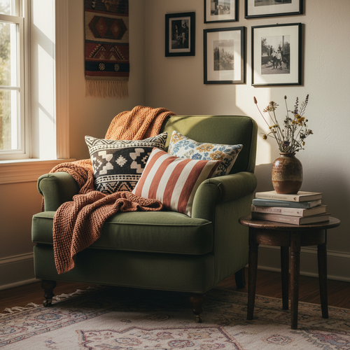 Beautifully lived-in living room corner with deep green velvet chair and terracotta throw in morning light