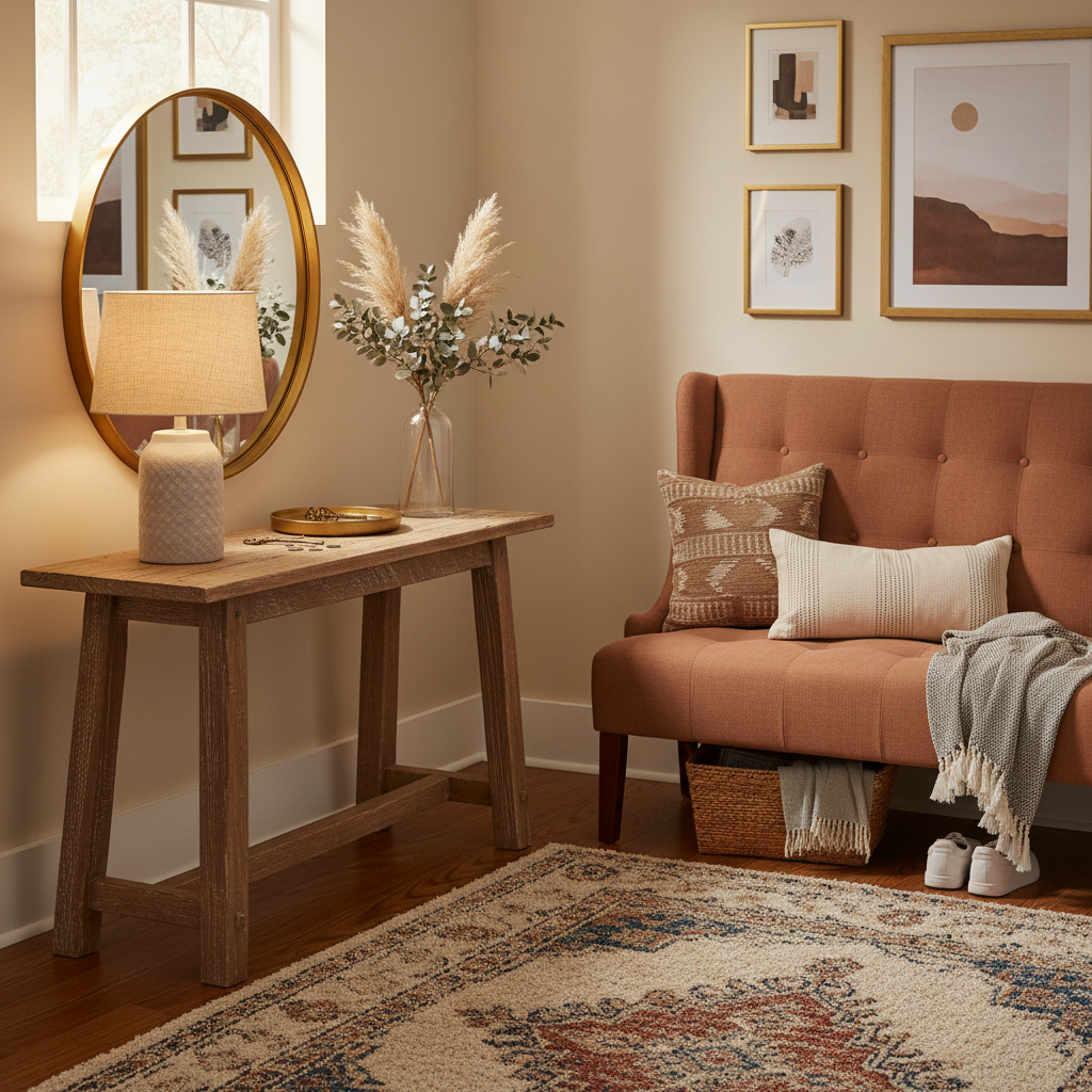 Warm soulful entryway with console lamp, flower vase, art above, soft rug, and welcoming bench