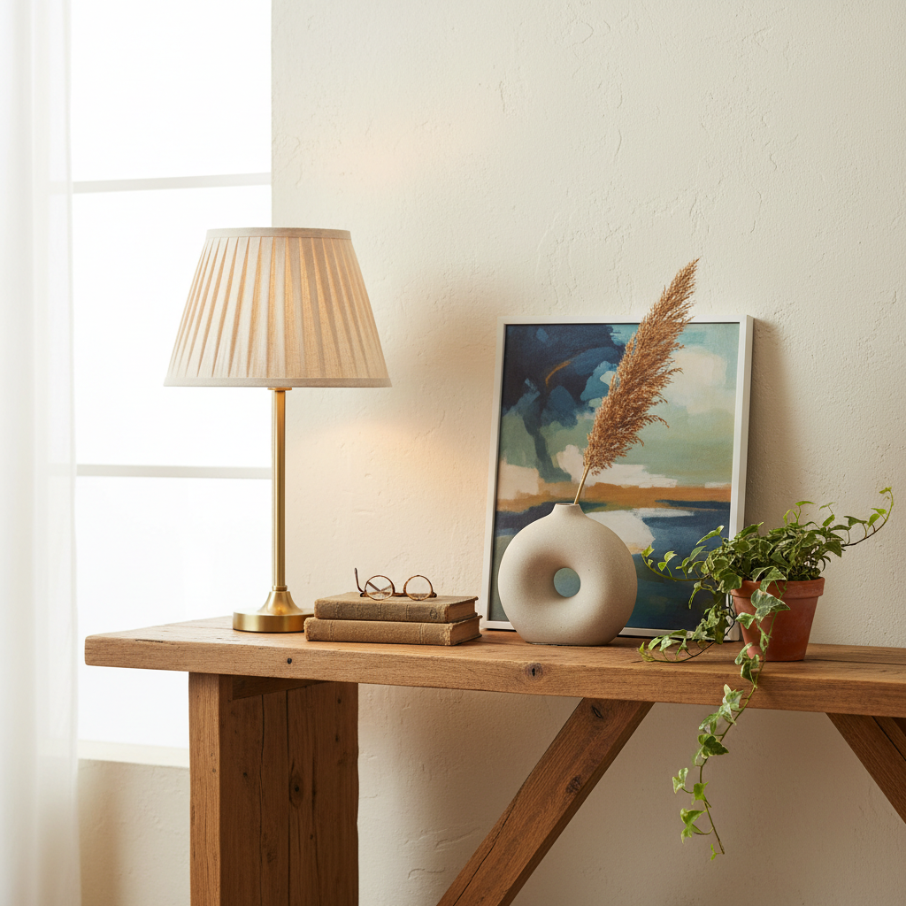 Beautifully styled console table vignette with lamp, books, ceramic object, plant, and leaning art