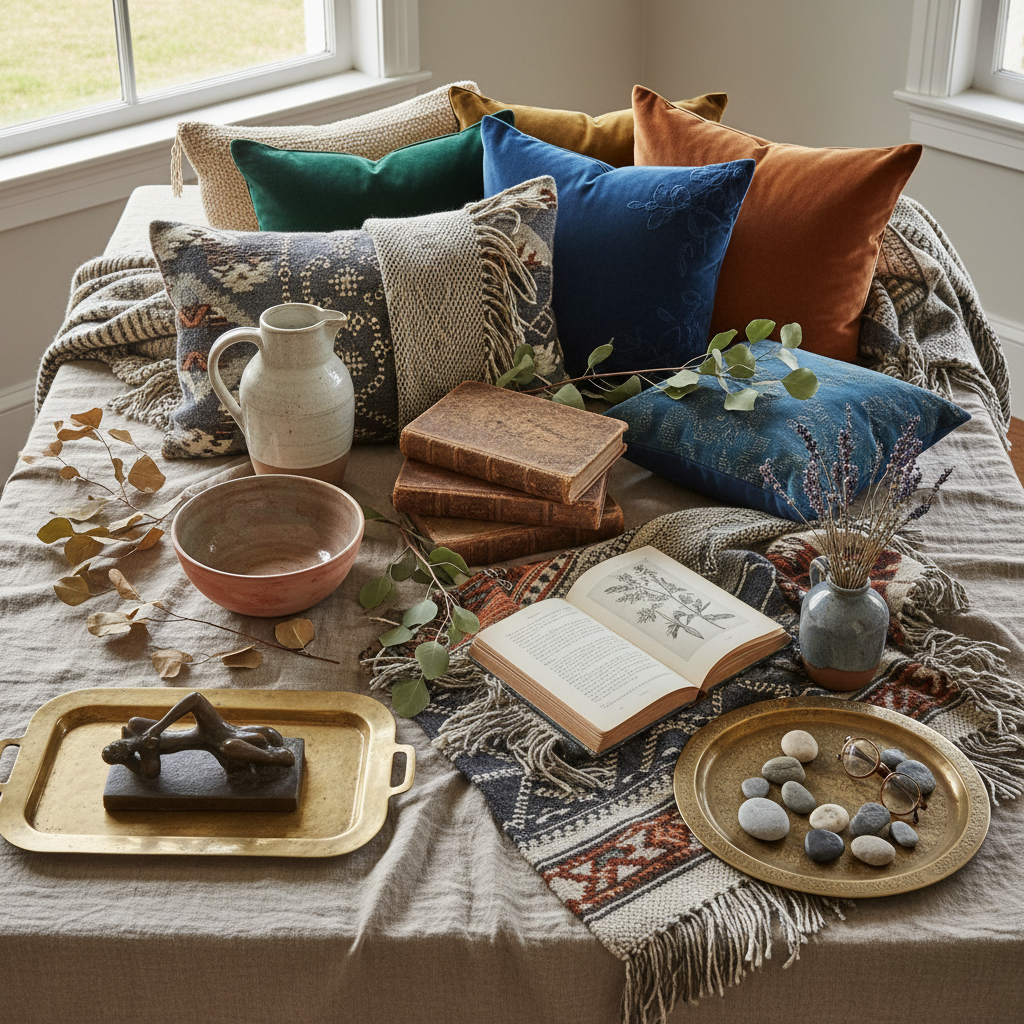 Flat lay of velvet pillows, handwoven throws, ceramic vessels, brass trays, and antique books on linen table
